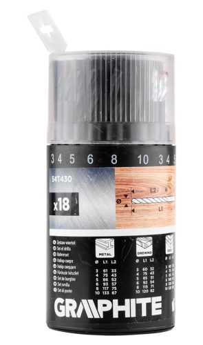 Fúrókészlet, fém, fa, kőzefúrókkal, hengeres szár, 3,4,5,6,8,10mm méretek, 18db