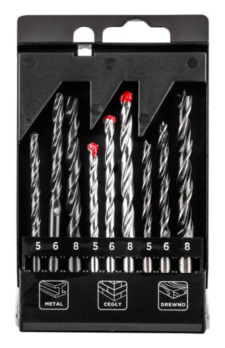 Fúrókészlet, fém, fa, kőzetfúrókkal, 5, 6, 8mm, 9db