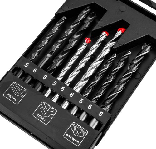 Fúrókészlet, fém, fa, kőzetfúrókkal, 5, 6, 8mm, 9db