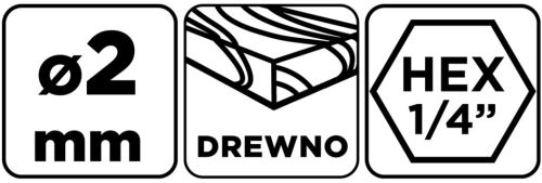 Fafúró, 1/4" hatszög szárral, 2mm, min. rendelés: 3db