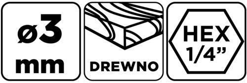 Fafúró, 1/4" hatszög szárral, 3mm, min. rendelés: 3db