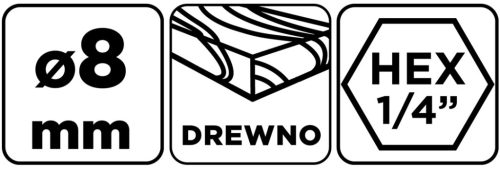 Fafúró, 1/4" hatszög szárral, 8mm, min. rendelés: 3db