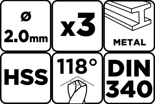 Csigafúró HSS, hosszú, DIN340, 2mm, 3db