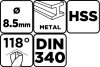 Csigafúró HSS, hosszú, DIN340, 8.5mm