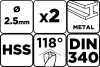 Csigafúró HSS, hosszú, DIN340, 2.5mm, 2db