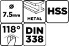 Csigafúró HSS, DIN338, 7.5mm