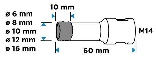 Körkivágó készlet, gyémántos, M14, 6,8,10,12,16mm