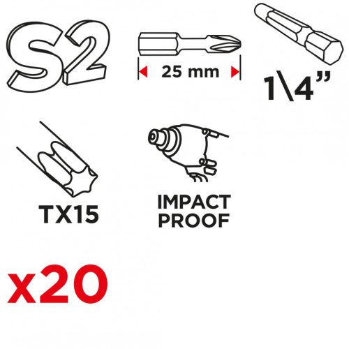 Torziós ütvecsavarozó bit tx15 x 25mm, 20db