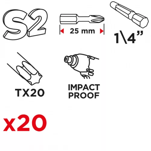 Torziós ütvecsavarozó bit tx20 x 25mm, 20db
