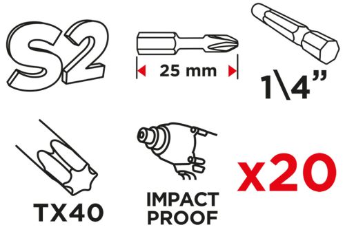 Torziós ütvecsavarozó bit TX40x25mm, 20db