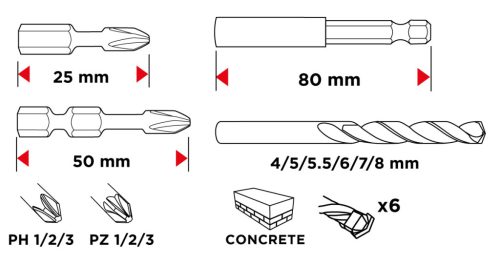 Fúró-csavarbehajtó készlet, 20db