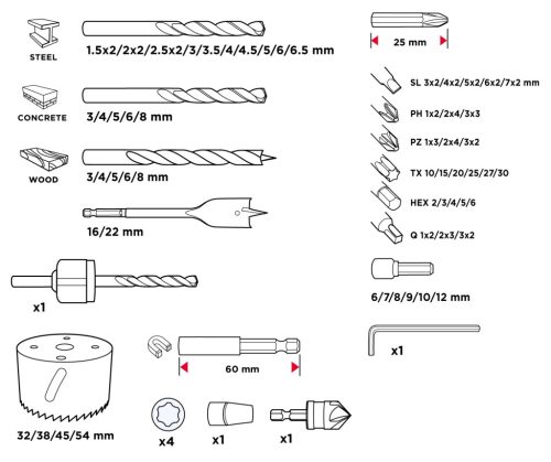 Fúró-csavarbehajtó készlet, 90db