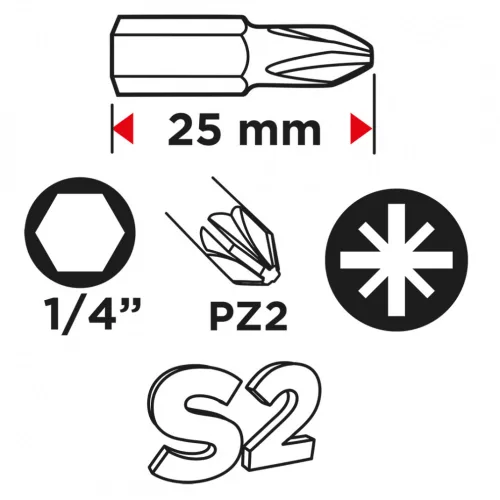Csavarhúzó bitkészlet pz2 x 25mm, 100db