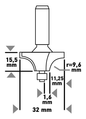 Felsőmaró kés, kerekítő, 32x15.5mm, 8mm szárral