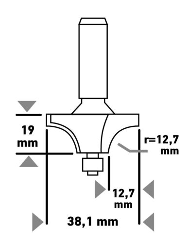 Felsőmaró kés, kerekítő, 38.1x19mm, 8mm szárral