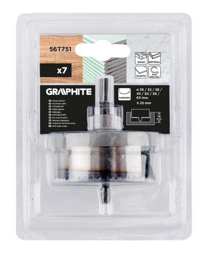 Körkivágó készlet fához, műanyagokhoz, acél, edzett fogakkal, 26-63mm, 18mm fúrásmélység