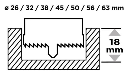 Körkivágó készlet fához, műanyagokhoz, acél, edzett fogakkal, 26-63mm, 18mm fúrásmélység