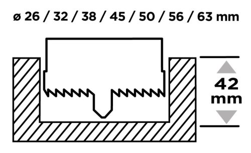 Körkivágó készlet fához, műanyagokhoz, acél, edzett fogakkal, 26-63mm, 42mm fúrásmélység