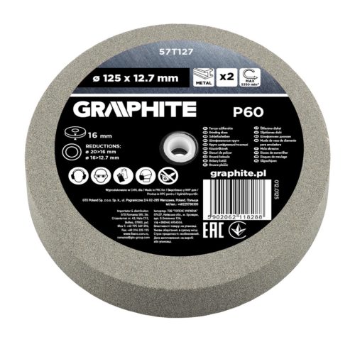 Köszörűkorong asztali köszörűhöz, P60, 125x12.7mm, 20/16/12.7mm redukálógyűrűkkel, 2db