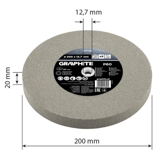 Köszörűkorong, 200x20/16/12.7x20mm, P60, 2db