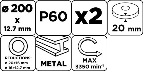 Köszörűkorong, 200x20/16/12.7x20mm, P60, 2db