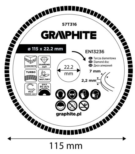 Gyémánt vágókorong 115x22.2mm, turbo, száraz és vizes