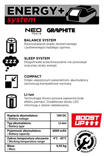 Akkumulátor 6Ah, ENERGY+ egyakkus rendszerhez, 18V, Boost Up