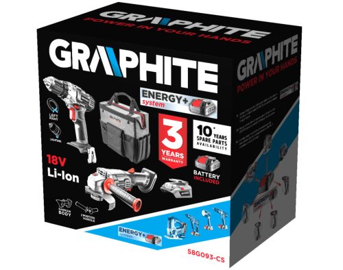 Fúró-csavarozó (58G000), sarokcsiszoló (58G003), USB-led adapter (58G025), 2Ah (58G001) és 4Ah (58G004) akku, töltő (58G002), táska (58G093)