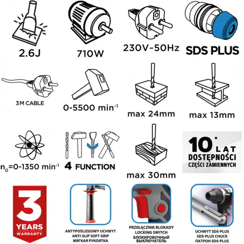 Fúrókalapács vésőfunkcióval, 710w, 2,6 j, SDS plus, koffer