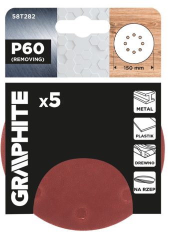 Csiszolókorong tépőzáras, 150mm, P60, 8 lyukkal, 5db