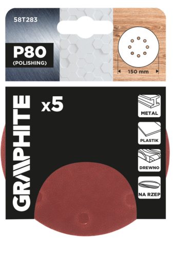 Csiszolókorong tépőzáras, 150mm, P80, 8 lyukkal, 5db