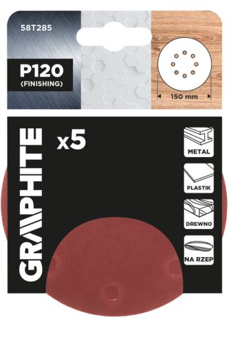 Csiszolókorong tépőzáras, 150mm, P120, 8 lyukkal, 5db