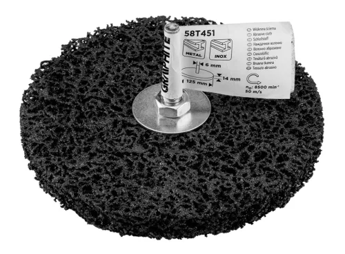 Tisztítókorong szilikon karbidos műanyag szálakkal, fémcsiszoláshoz, 125x14x6mm, csapos, fúrógépekhez