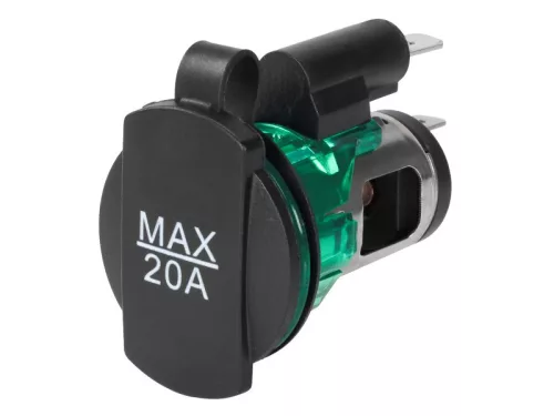 Beépíthető fedeles szivargyújtó aljzat 12/24V, 20A, zöld LED háttérvilágítással