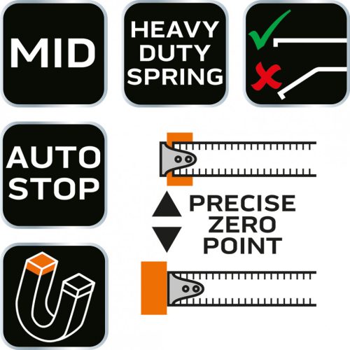 Mérőszalag, 5m/19mm, acél, mágneses, autostop+ rögzítő