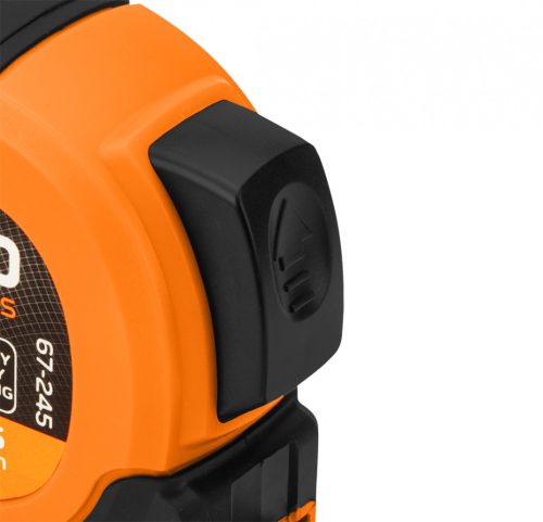 Mérőszalag, 10m/25mm, erősített rugós, acél, fekete szalag fehér nagyított skálával, mágneses, autostop+rögzítő