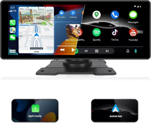 10.26 Hüvelykes hordozható Magyar nyelvű Android Autó és CarPlay Multimédia rendszer kamerával - 12V