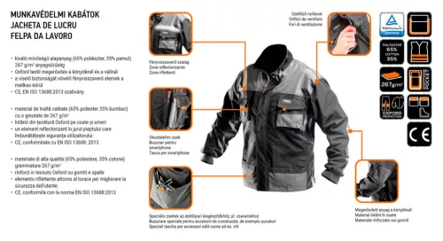 Munkadzseki, M/50 65% Polieszter, 35% pamut, 267g/m2, vékony fényvisszaverő csíkok