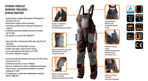 Kantáros munkanadrág, L/52 65% Polieszter, 35% pamut, 267g/m2, térdprotektor zseb, fényvisszaverő