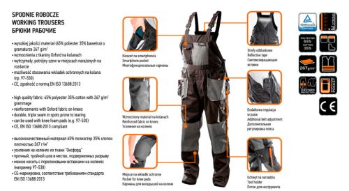 Kantáros munkanadrág, M/50 65% Polieszter, 35% pamut, 267g/m2, térdprotektor zseb, fényvisszaverő