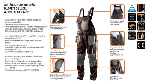 Kantáros munkanadrág,XXL/58 65% Polieszter, 35% pamut, 267g/m2, térdprotektor zseb, fényvisszaverő