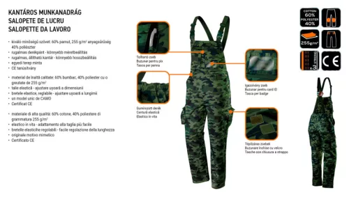 Kantáros munkanadrág terepmintás, 60% pamut, 40% polyester, 255 g/m2,xS