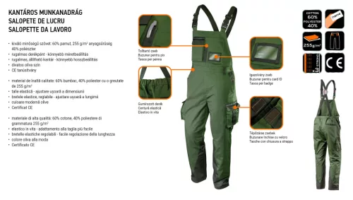 Kantáros munkanadrág olíva, 60% pamut, 40% polyester, 255 g/m2, L