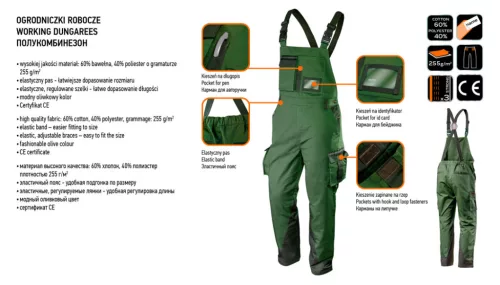 Kantáros munkanadrág olíva, 60% pamut, 40% polyester, 255 g/m2, M