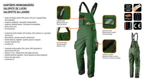Kantáros munkanadrág olíva, 60% pamut, 40% polyester, 255 g/m2,XL