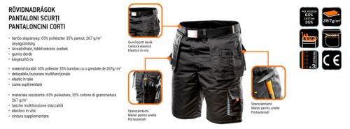 Rövid munkanadrág HD, Heveder övvel, levehető zsebek,XL/56