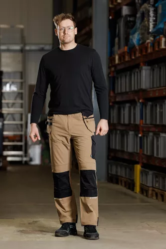 Munkásnadrág, Mix&Match, 4 irányú sztreccs, 230g/m2, külső csavarzsebek, Cordura erősítések, bézs-fekete, XXL