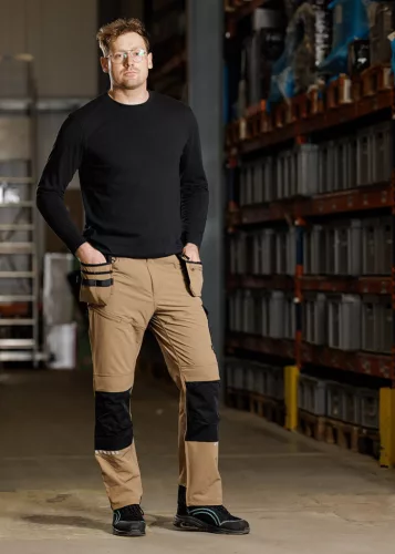 Munkásnadrág, Mix&Match, 4 irányú sztreccs, 230g/m2, külső csavarzsebek, Cordura erősítések, bézs-fekete, XXL