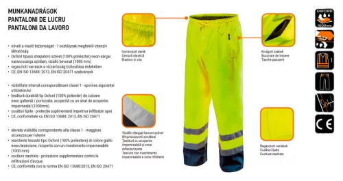 Láthatósági munkanadrág, vízálló, sárga, XL