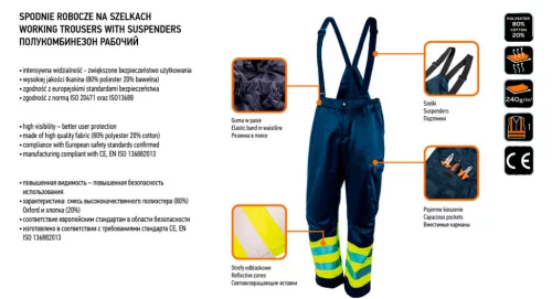 Kantáros munkanadrág, lélegző, 240gsm, polyester+pamut, tengerészkék, fényvisszaverő csíkokkal, m